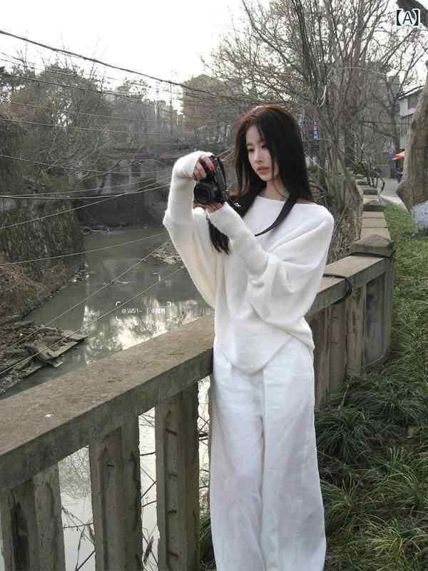 ニット レディース トップス 韓国風 白 長袖 ニットソー ワイドレッグパンツ ラウンドネック プルオーバー アクリル ゆったり 春 通勤