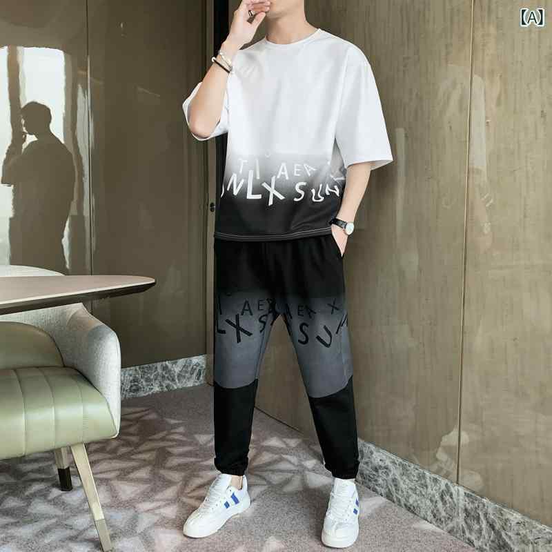 Tシャツ メンズ スポーツウェア 上下セット 半袖 長ズボン ポリエステル混紡 カジュアル スポーティ 春夏 ホワイト ブラック