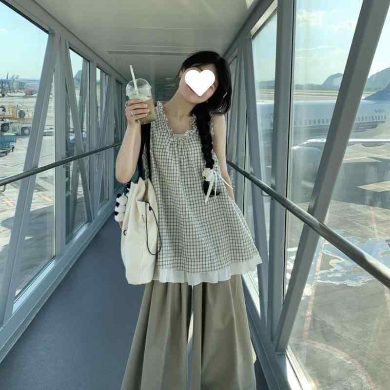 セットアップ レディース 春夏 韓国風 レトロ チェック柄 レース ノースリーブ トップス ワイドレッグパンツ 2点セット