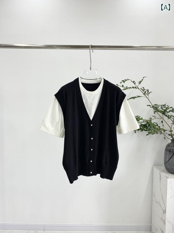 カーディガン レディース 南油風 通勤 トップス 高見え ニット フェイクレイヤード Vネック 7分袖 ポリ..
