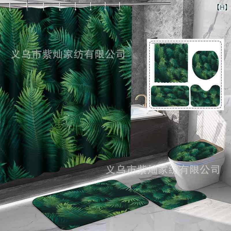 カーテン 浴室用カーテン ポリエステル シャワーカーテン 防水 バスカーテン すべり止めマット 4点セット 花柄 緑