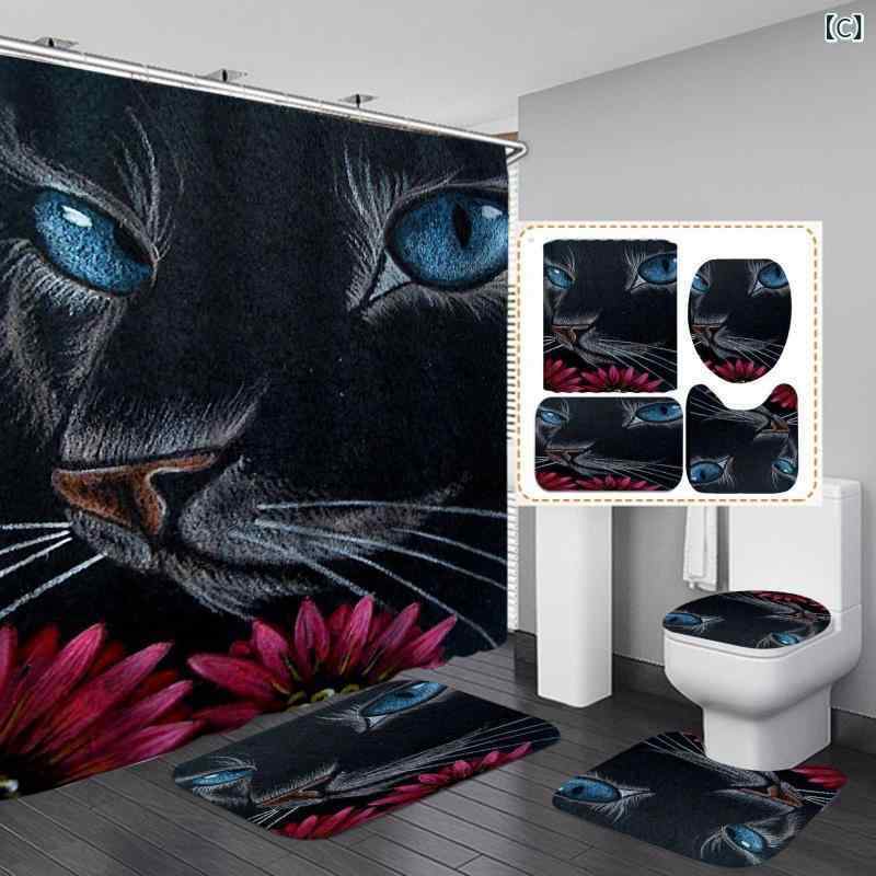 カーテン 浴室用カーテン 4点セット 猫柄 防水 ポリエステル 間仕切り シャワーカーテン ホテル