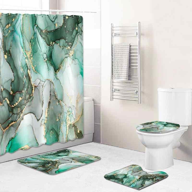 バスルーム用品 大理石柄 バスマット トイレマット 蓋カバー カーテン 4点セット ポリエステル製 軽量 ラグジュアリー スタイル 浴室 足元 吸水 速乾 滑り止め付き