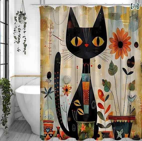 カーテン レディース バスカーテン ポリエステル 防水 防カビ 猫柄 浴室 間仕切り 目隠し