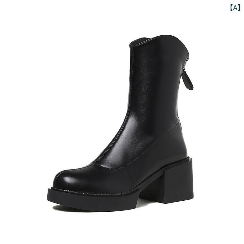 ショートブーツ レディース チャンキーヒール 厚底 防水 Vカット ストレッチ 美脚 スタイルアップ 黒 ..