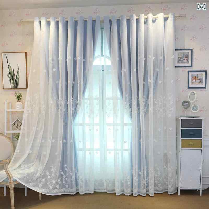 カーテン レディース 小花柄 刺繍 レース 二重 全遮光 ドレープ おしゃれ かわいい ブルー グレー ピン..