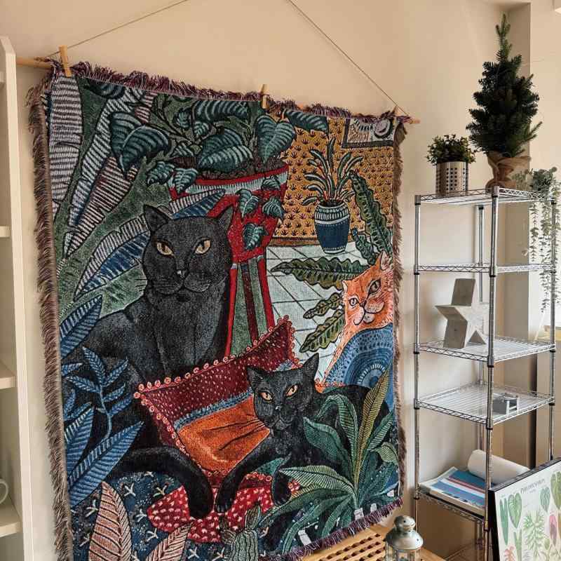 タペストリー ソファカバー ブランケット 猫 油絵風 ポリエステル リビング 黒猫 130X160cm