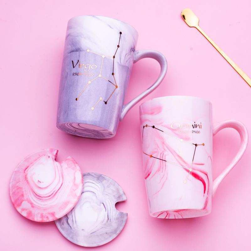 マグカップ レディース メンズ 大理石柄 星座柄 オフィス用 ティーカップ コーヒーカップ 蓋 スプーン..