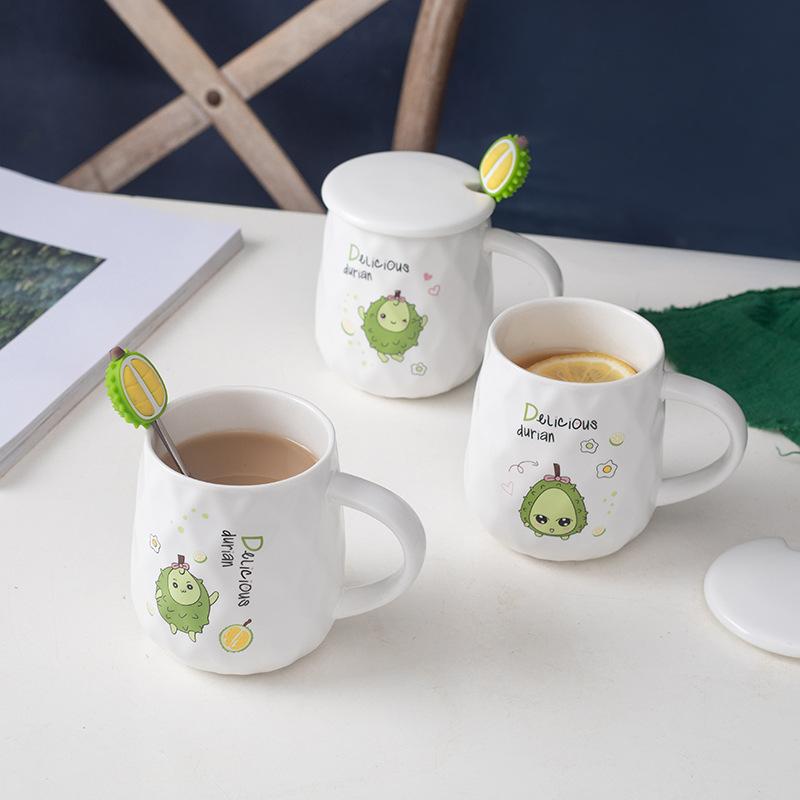 マグカップ レディース かわいい カトゥーン ドリアン フルーツ柄 蓋 スプーン付き 陶器 コーヒーカッ..