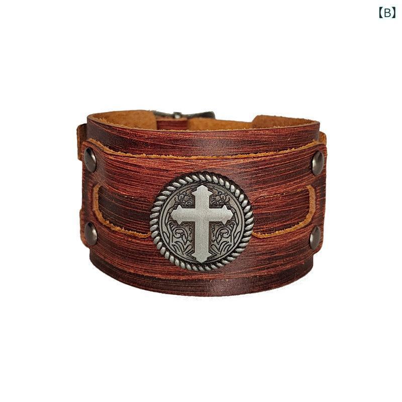 ブレスレット メンズ 男性用 牛革 本革 レザー パンク 十字架 クロス 幅広 ブラック 黒色 コーヒー 珈..