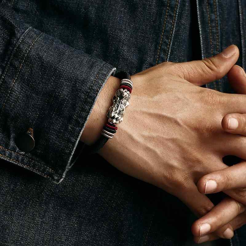ブレスレット メンズ シルバー999 貔貅 組み紐 金剛結び レトロ ファッション ラッキーアイテム 腕飾り ハンドメイド 彫刻