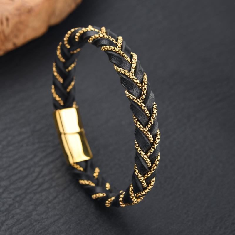 ブレスレット メンズ 男性用 ステンレス レザー ゴールド スチール ブラック 個性的 普段使い ウェーブ 幾何学模様
