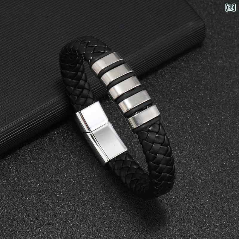 ブレスレット メンズ 男性用 編み込み レザー バングル 普段使い 幾何学模様 黒色 銀色 パンクスタイル 個性派アクセサリー