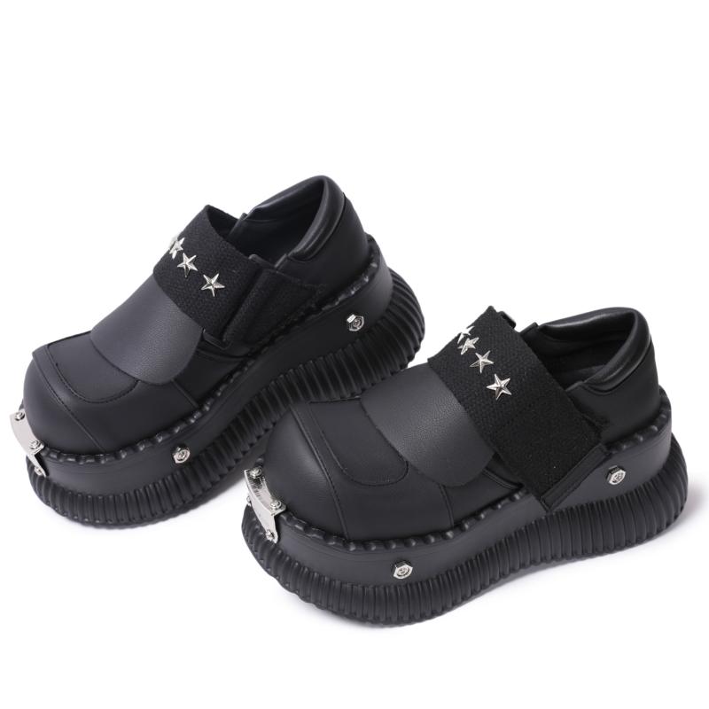 ローファー レディース 厚底 小皮鞋 亜文化 パンク メタル チャンキーヒール ラウンドトゥ 黒 ブラック 34-40サイズ(x2)