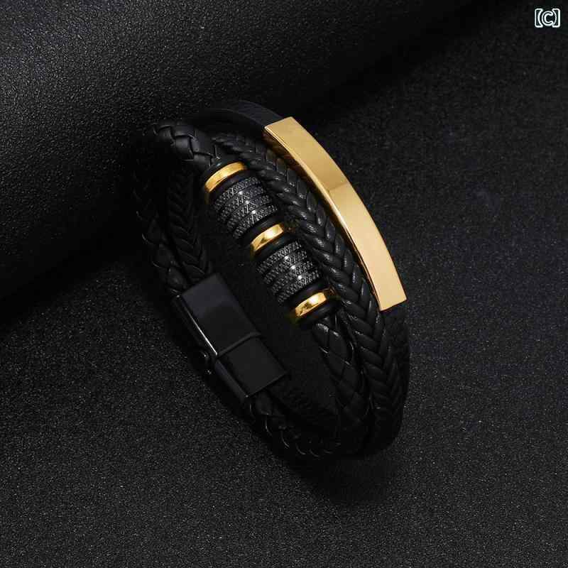 ブレスレット メンズ 男性用 レザー 磁気 アクセサリー ファッション パンク ハンドメイド チタン鋼 幾何学模様 黒 ブラック 金 ゴールド 白 ホワイト