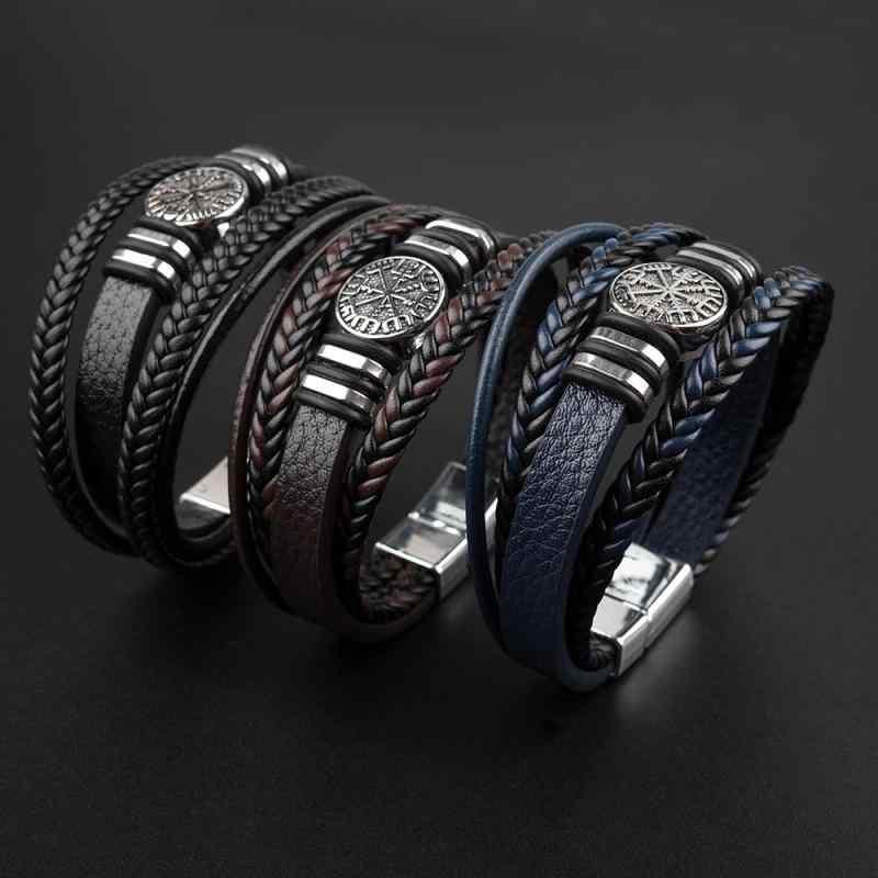 ブレスレット メンズ 男性用 レザー 多層 幾何学模様 コンパス 模様 ブラック 黒色 コーヒー色 珈琲色 ..