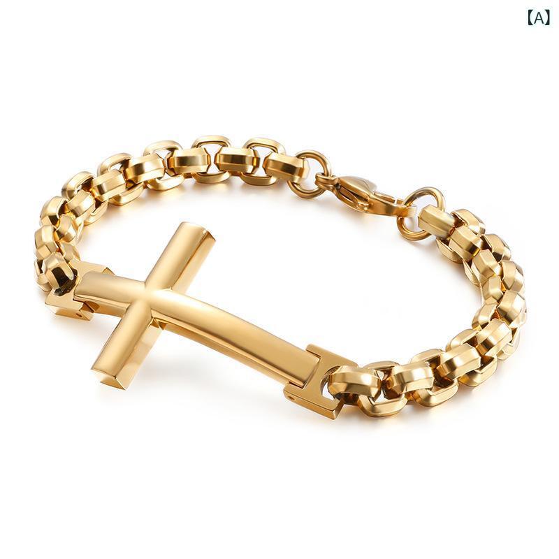 ブレスレット メンズ 男性用 ステンレス チタン鋼 クロス 十字架 フェイクパール ハンドメイド 手作り アクセサリー ゴールド ブラック シルバー