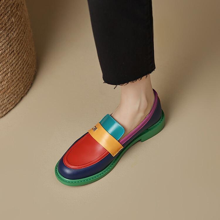 ローファー レディース 本革 フラットシューズ スクエアトゥ レトロ 配色 厚底 カジュアル 婦人靴 ラウンドトゥ 秋冬 ブラック カラフル
