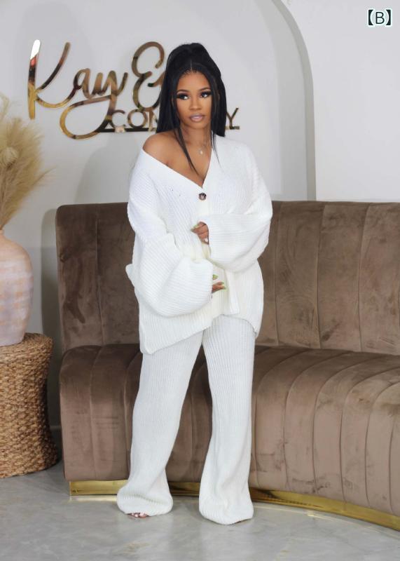 ニット レディース 秋冬 Vネック カーディガン ワイドレッグパンツ セットアップ テーパードパンツ ポリエステル ブラック ホワイト ピンク イエロー 水色 グレー