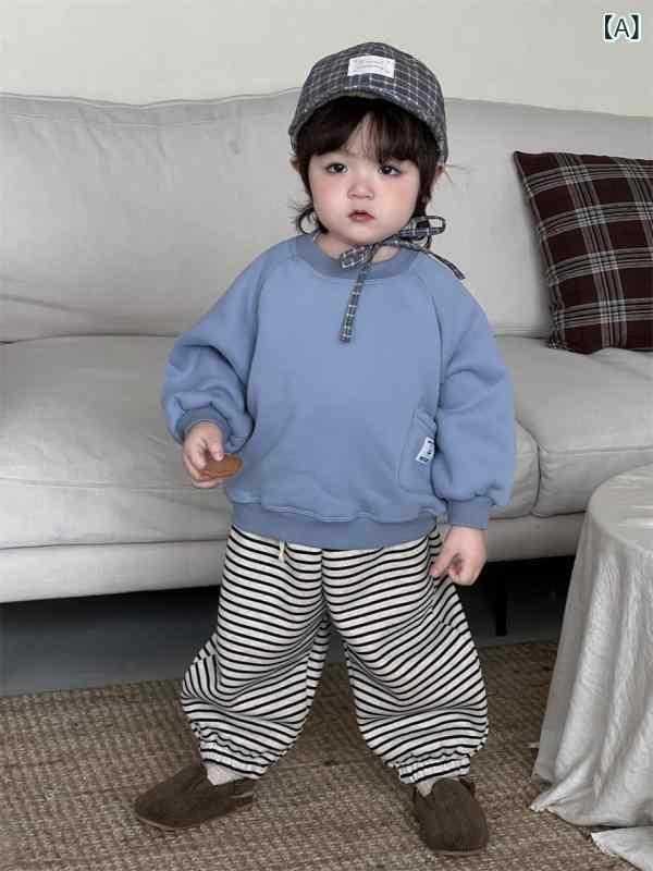 ・カテゴリ: 子供用セットアップ・スタイル: 韓国風・対象: 男女兼用・セット内容: トップス、ボトムス・袖丈: 長袖・パンツ丈: 長ズボン・生地加工: 柔らかい・厚さ: 厚手・柄: ストライプ、無地・素材: 綿85%・安全レベル: A・留め具: シングルブレスト・色: ブルー（トップス）、ピンク（トップス）、ブラック×アプリコット（ボトムス）・対象身長: 73cm、80cm、90cm、100cm、110cm・特徴: セットアップ、ストライプ、かわいい