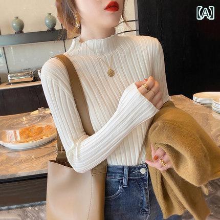 ニット レディース 秋冬 ハーフハイネック リブニット トップス 韓国ファッション プルオーバー カットソー ポリエステル 無地 長袖 スリムフィット カジュアル きれいめ 白 グレー 黒