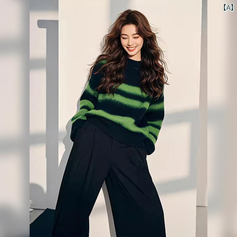 ニット レディース ボーダー柄 秋冬 厚手 あったか トップス プルオーバー ゆったり 粘胶纤维 レーヨン混紡 普段使い 通勤 かわいい ブラック グリーン系