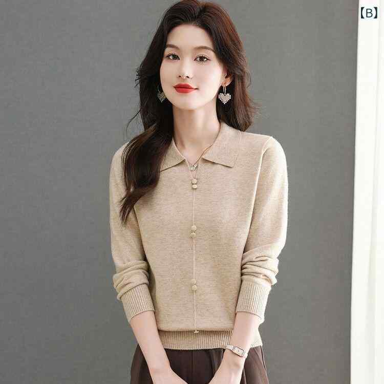 ニット レディース ニットトップス シープウール 厚手 リブ編み POLOネック プルオーバー ミディアム丈 通勤 ベージュ ピンク系 レッド パープル グリーン 秋冬(4)