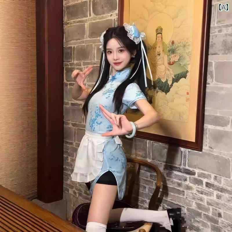 チャイナドレス レディース 新中式 改良型 ロリータ コスプレ ワンピース エプロン付き ブルー ブラック コットン ポリエステル 高襟 半袖 ショート 春夏 かわいい ガーリー