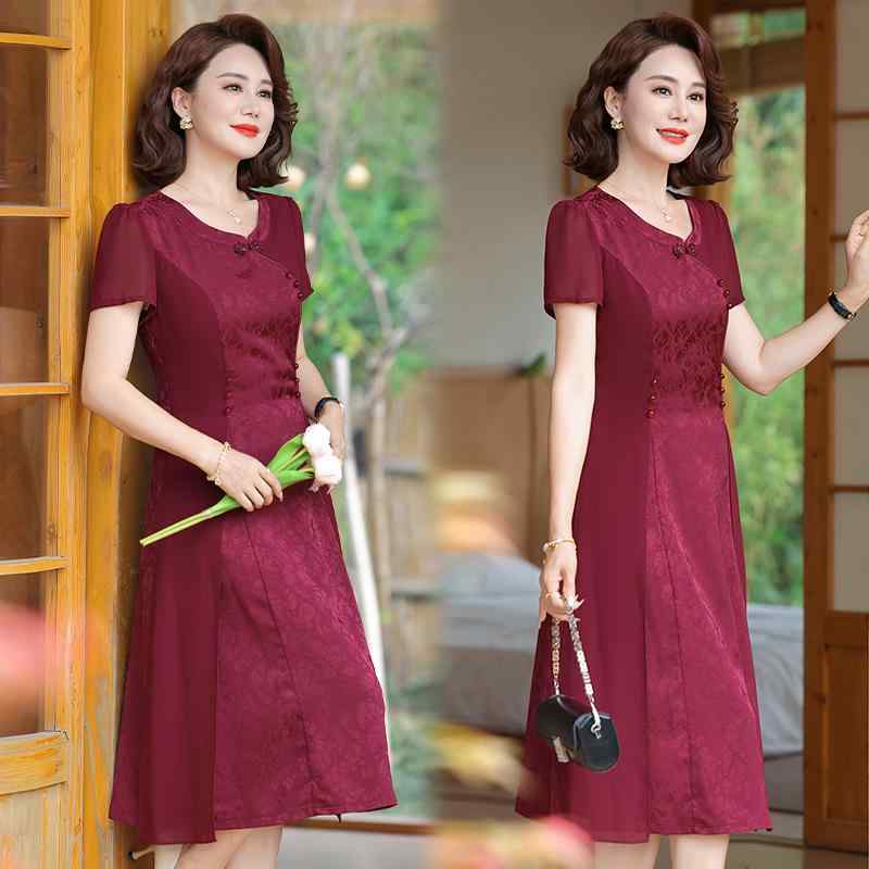 ワンピース レディース ミセス 中高年向け 夏 チャイナドレス Aライン ポリエステル レッド系 花柄 ラウンドネック 半袖 フォーマル お呼ばれ