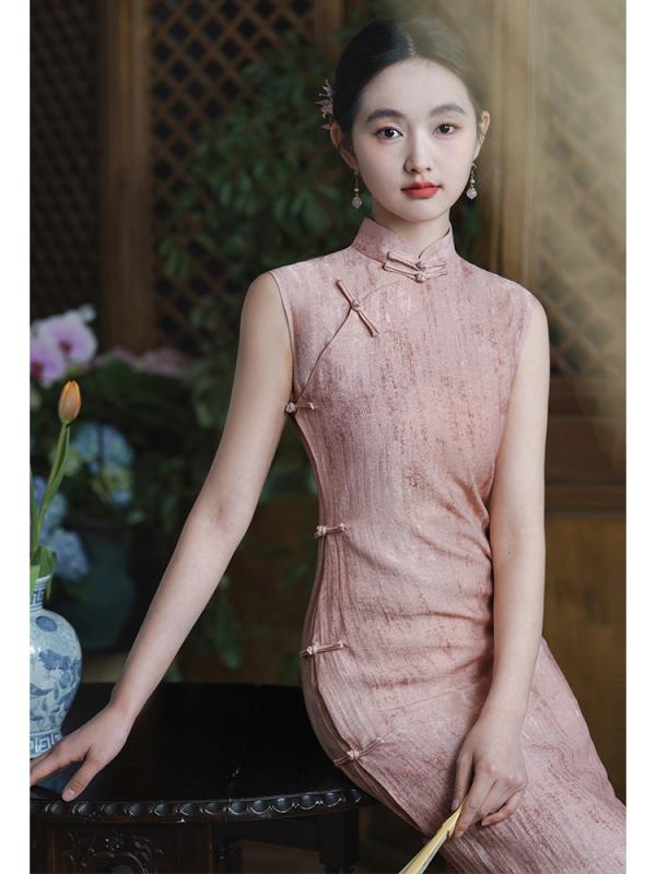 チャイナドレス レディース 新中式 全開襟 ロング丈ワンピース ノースリーブワンピース 立襟 斜め襟 高スリット ピンク系 文芸復古 チャイナ風