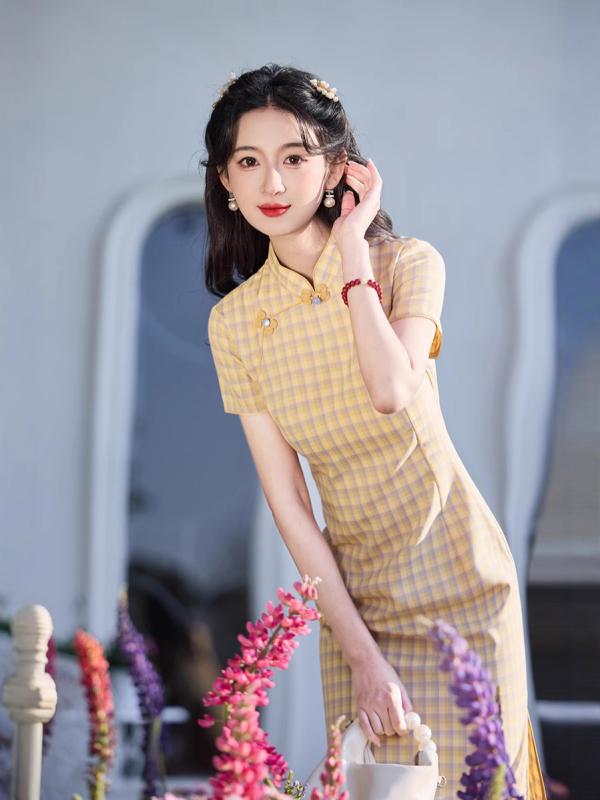 チャイナドレス レディース 春夏 コットンリネン チェック柄 立襟 ミモレ丈ワンピース エレガント 上品 イエローグリーン