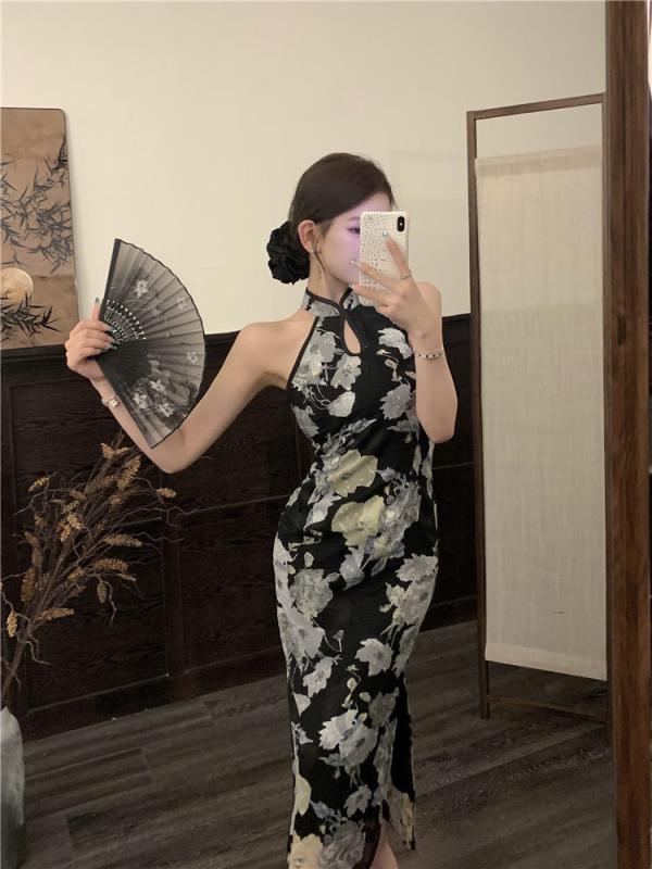 ワンピース レディース チャイナドレス ノースリーブ 膝下丈 ポリエステル 花柄プリント レトロ 開襟 スリムフィット スリット入り