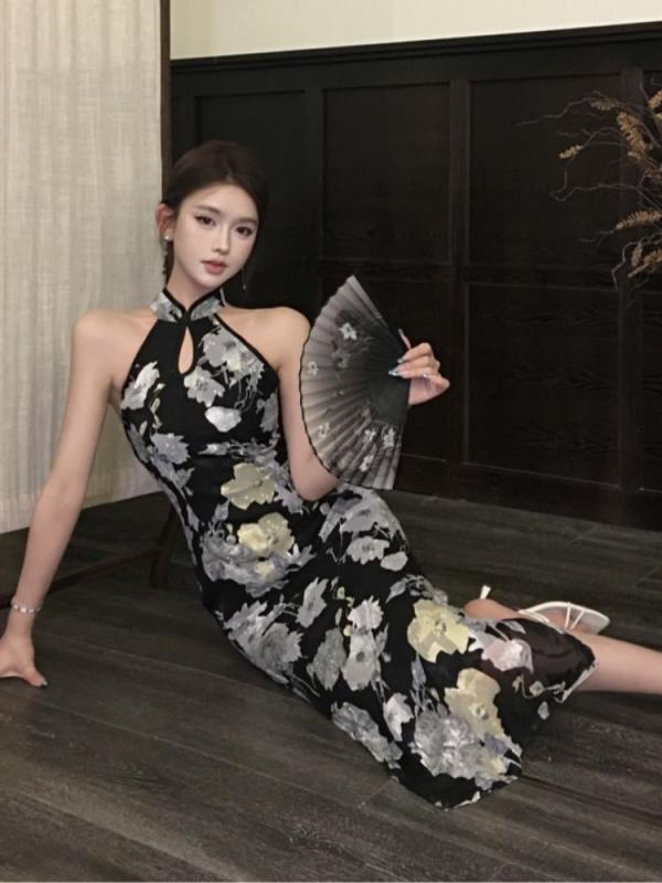 ワンピース レディース チャイナドレス ノースリーブ 膝下丈 ポリエステル 花柄プリント レトロ 開襟 スリムフィット スリット入り