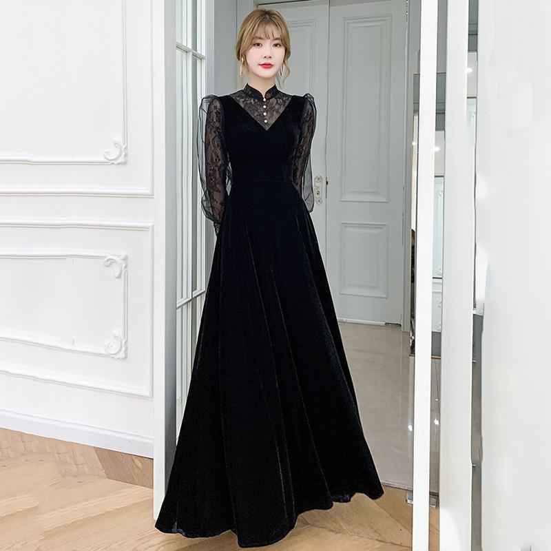 ワンピース レディース チャイナドレス 黒 ブラック レース 膝下 ミモレ丈 ロング 長袖 Aライン ポリエステル 高腰 ハイウエスト パーティー 結婚式 二次会 披露宴 フォーマル エレガント