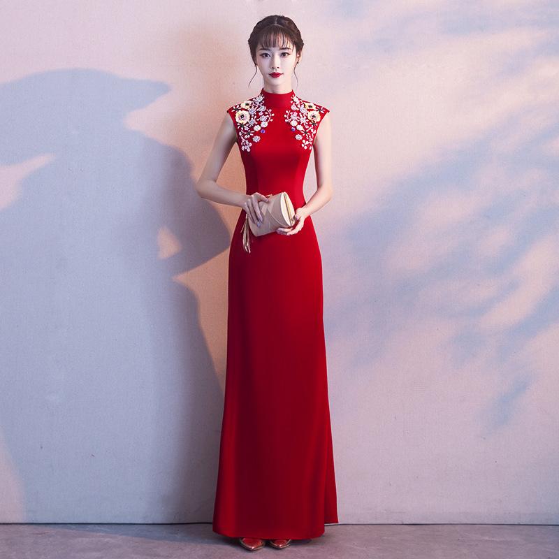 チャイナドレス レディース 酒紅色 ノースリーブ ウェディングドレス 結婚式 礼服 イブニングドレス パーティードレス ロング丈 ポリエステル 高腰 無地