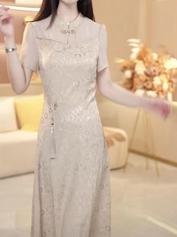 ワンピース レディース 半袖 ミモレ丈 Aライン 新しいスタイルのチャイナドレス風 ポリエステル 花柄 文芸復古風 カーキ色 ゆったりサイズ