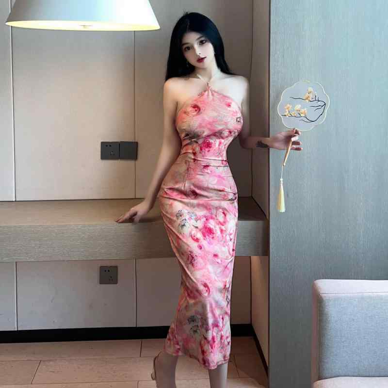 ワンピース レディース 春夏 花柄 ノースリーブ チャイナドレス風 膝丈 ポリエステル レッド系 ブルー系 きれいめ 通勤