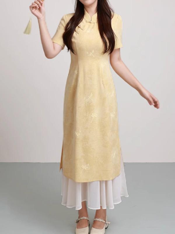 ワンピース レディース 大きいサイズ 新中国スタイル チャイナドレス風 Aライン 半袖 ロング ミモレ丈 ゆったり ラウンドネック 切り替え 黄色 黒色 通勤