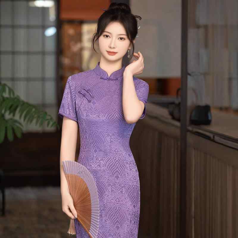 チャイナドレス レディース 春 ファッション レトロ風 ポリエステル 高开衩 長袖 エレガント パープル ピンク系 M L XL 2XL 3XL 4XL