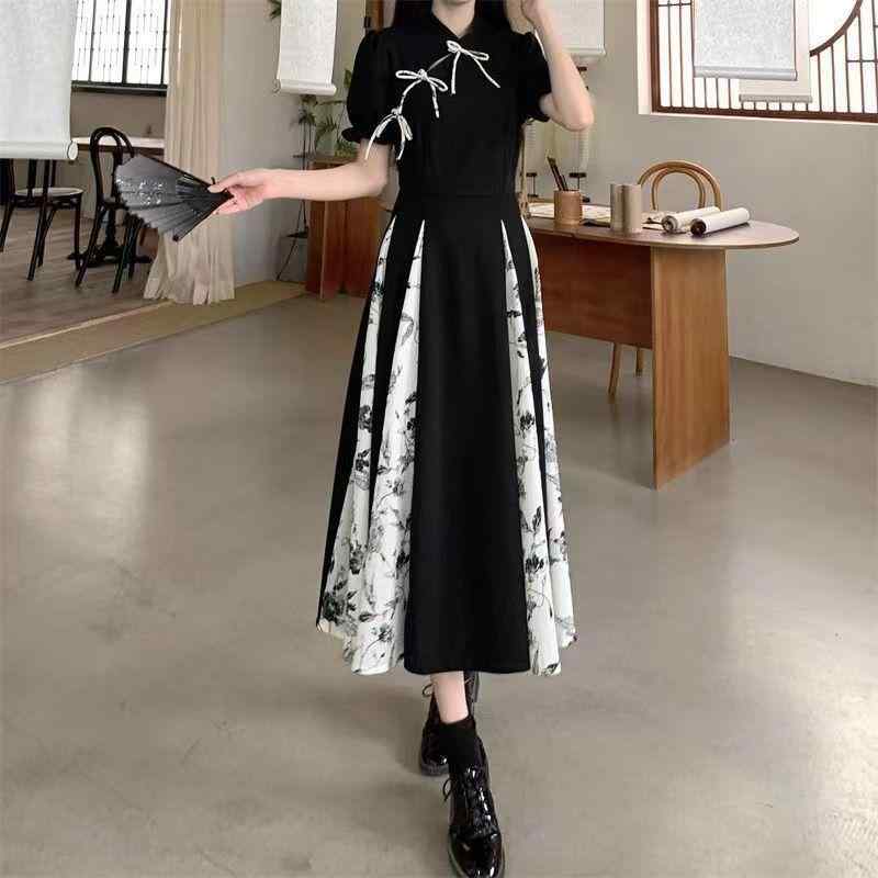 チャイナドレス レディース ワンピース 春夏 レトロ プリント 切り替え ウエストシェイプ ブラック 黒 S M L XL 2XL 3XL 文芸復古 中国風 公主袖 七分袖 TR面料