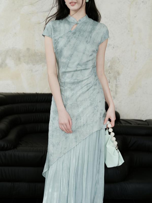 チャイナドレス レディース 新中式 A字ワンピース 半袖 立襟 切り替え 3D柄 ポリエステル 膝下丈ワンピース 高腰 通勤 气质优雅