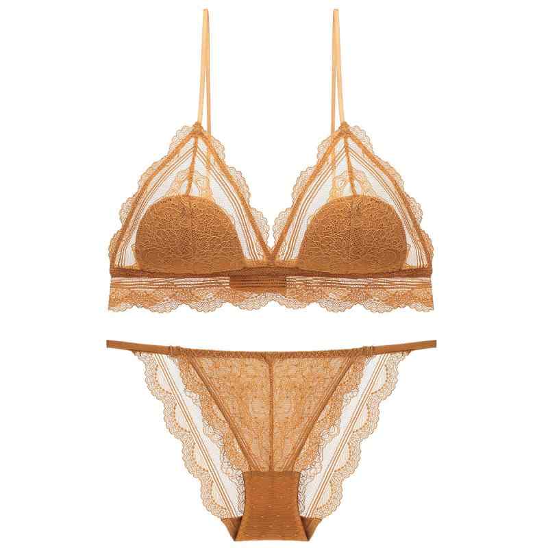 ブラジャー &amp; ショーツ レディース 女性用 薄型 レース 快適 ノンワイヤー 超薄型 3/4カップ 黄色 ..