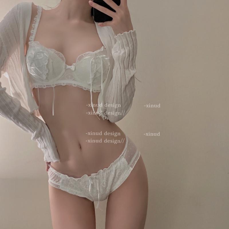 ブラジャー & ショーツセット レディース ロリータ風 姫系 かわいい 小胸 3/4カップ コットン 上薄下厚 ノンワイヤー 肩紐調節 後ろホック ホワイト ピンク ブラック