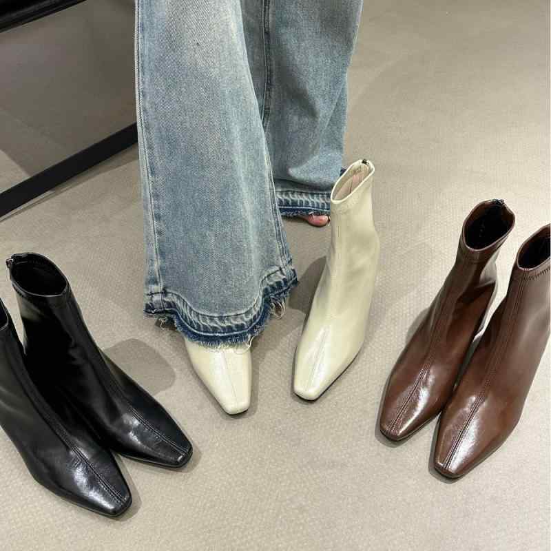 ブーツ レディース ショートブーツ チャンキーヒール ハイヒール ストレッチ 伸縮性 ソフトレザー 履き..