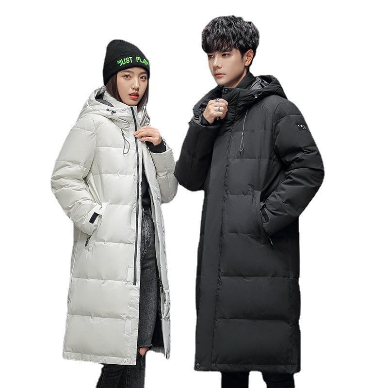羽絨服 メンズ 男性用 ロング丈 ダウンジャケット ひざ丈 防寒着 白ダウン 厚手 アウター 暖かい ファスナー フード付き ファッション 秋冬 黒 ブラック 白 ホワイト