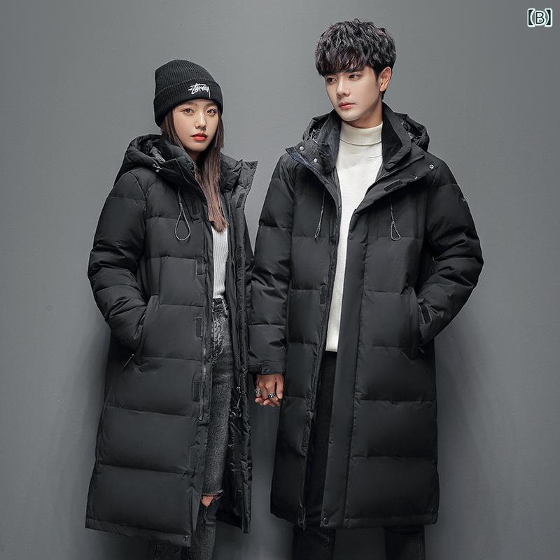 羽絨服 メンズ 男性用 ロング丈 ダウンジャケット ひざ丈 防寒着 白ダウン 厚手 アウター 暖かい ファスナー フード付き ファッション 秋冬 黒 ブラック 白 ホワイト