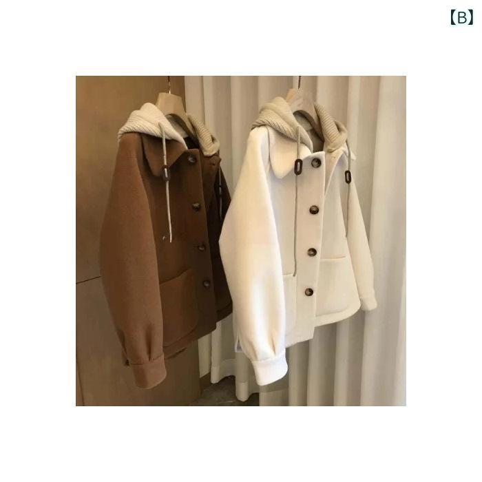 コート レディース ニット切り替え フード付き ウール アウター 秋冬 ミドル丈 配色 日韓スタイル ゆったり 厚手 M L XL 2XL 3XL 4XL