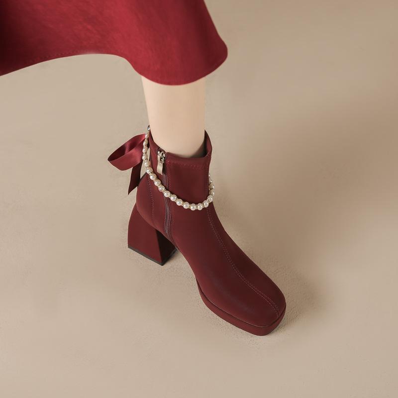 ブーツ レディース チェルシーブーツ ショートブーツ 太ヒール ハイヒール スクエアトゥ 超繊維 履きや..