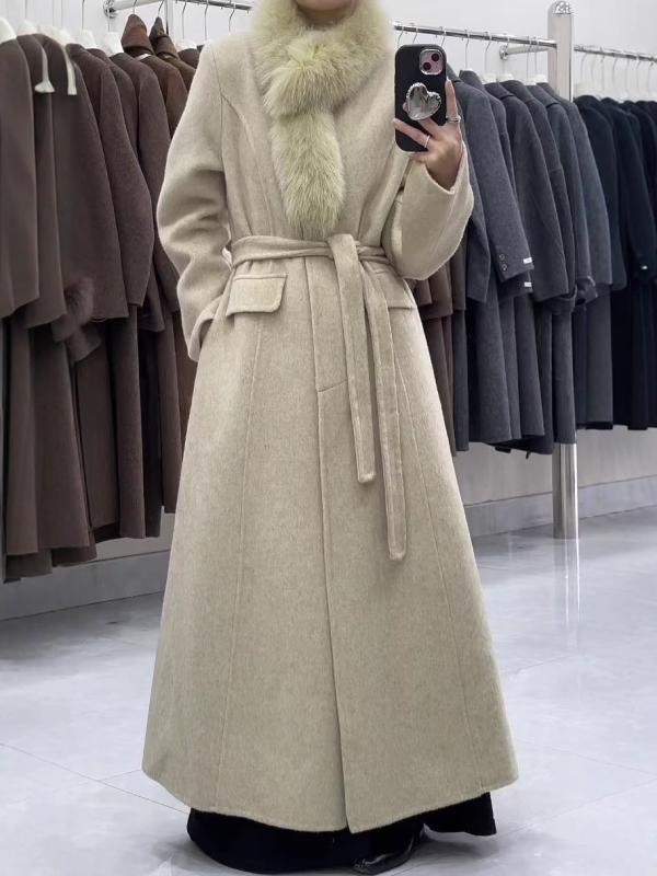 コート レディース 高級感 狐ファー襟 ウール ロング丈 秋冬 厚手 黒 ブラック ベージュ 修身