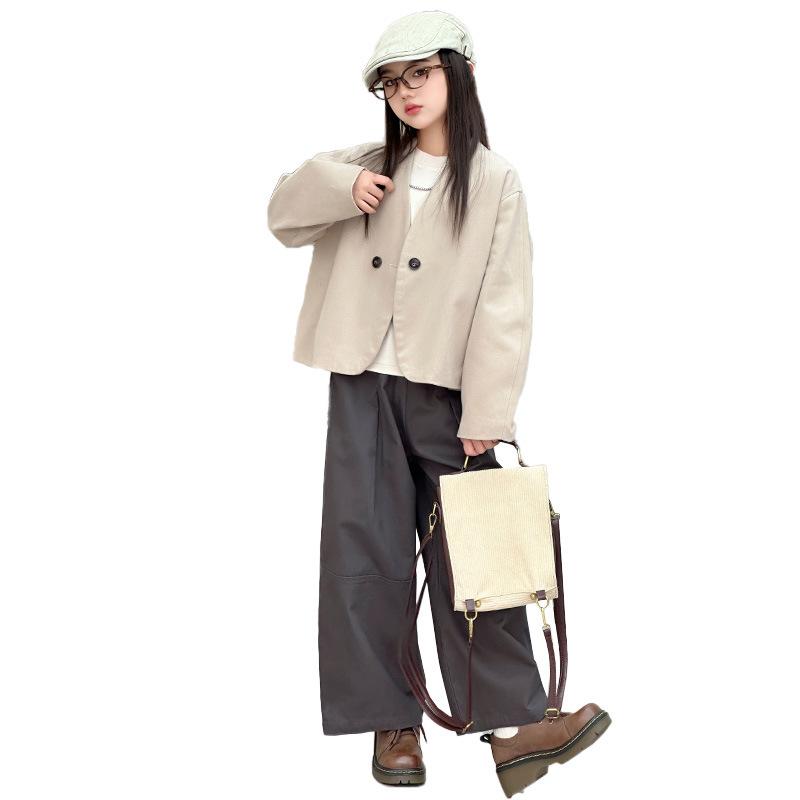 キッズ パンツスーツ 女の子 春秋 セットアップ 立襟 ジャケット ワイドレッグパンツ 上下セット 2点セット 灰色 ベージュ系 120cm 130cm 140cm 150cm 160cm 170cm